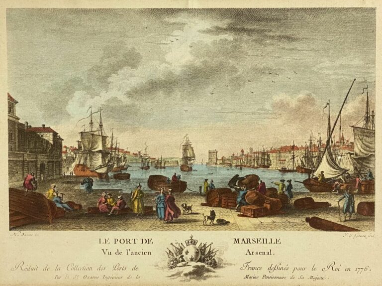 Gravure en couleur Le port de Marseille et gravure rehaussée Coiffure à l'antiq…