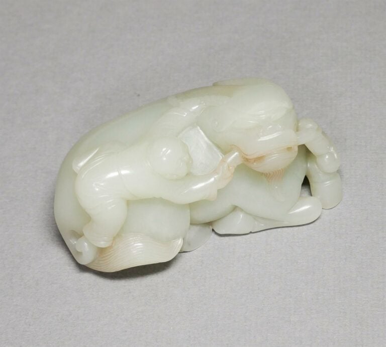 [.] GROUPE EN JADE NEPHRITE AU BUFFLE ET AU GARCON - Chine - Sculpté dans une p…