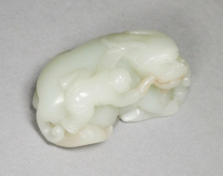[.] GROUPE EN JADE NEPHRITE AU BUFFLE ET AU GARCON - Chine - Sculpté dans une p…