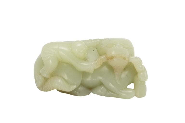 [.] GROUPE EN JADE NEPHRITE AU BUFFLE ET AU GARCON - Chine - Sculpté dans une p…