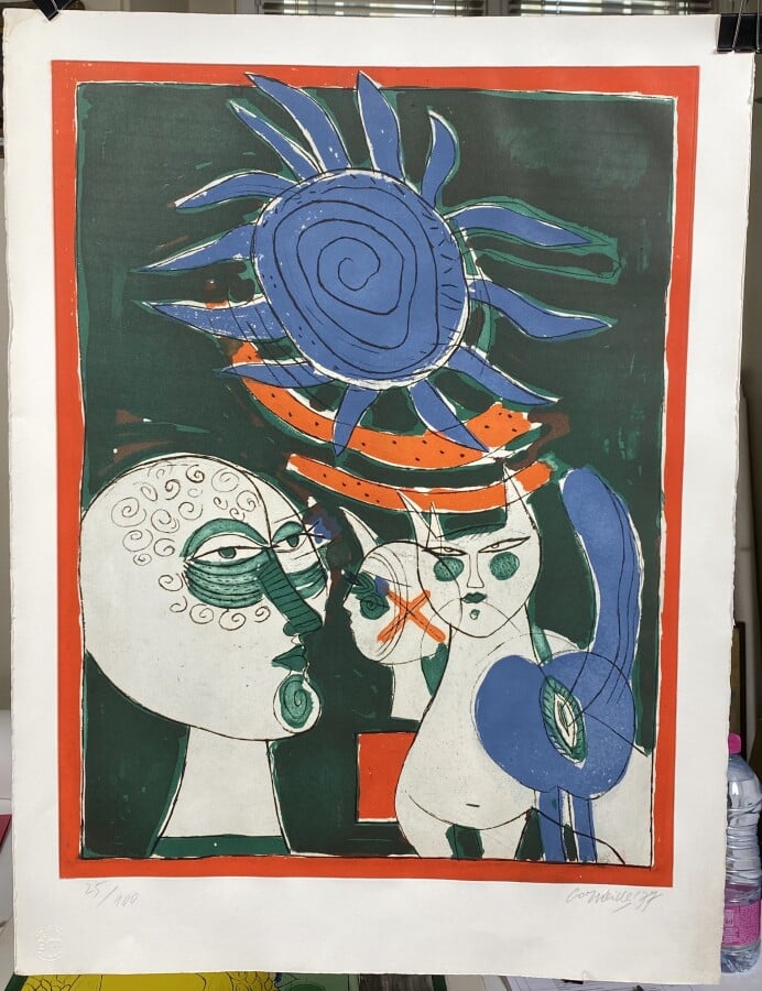 Guillaume CORNEILLE (1922-2010) - Femme et Chat soleil bleu, 1977 - Eau-forte e…