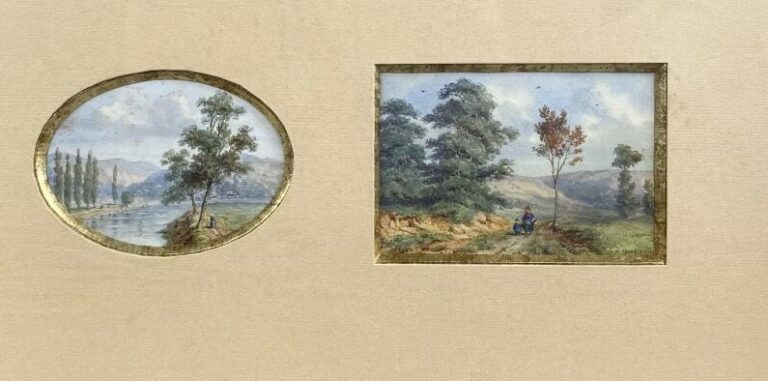 Hedwig CALMELET(1814-?) - Paysage à la rivière et de campagne - Paire d'aquarel…