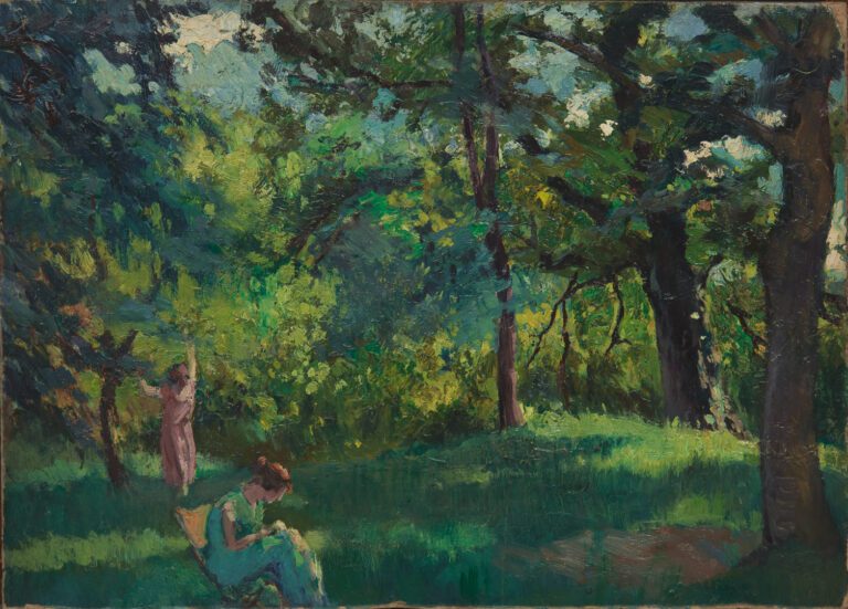 Henri PONTOY (1888-1968). - Etude de deux femmes en forêt - Huile sur carton. -…