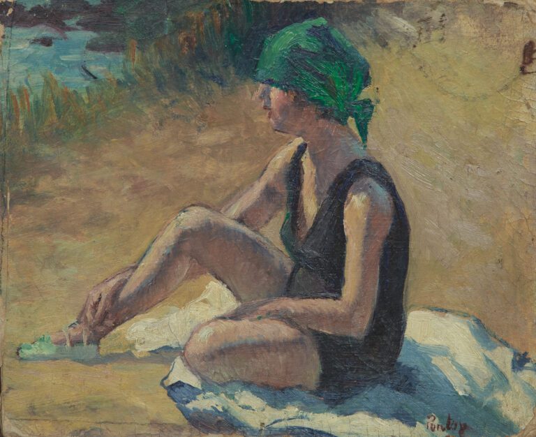 Henri PONTOY (1888-1968). - Femme assise sur la plage - Huile sur papier marouf…