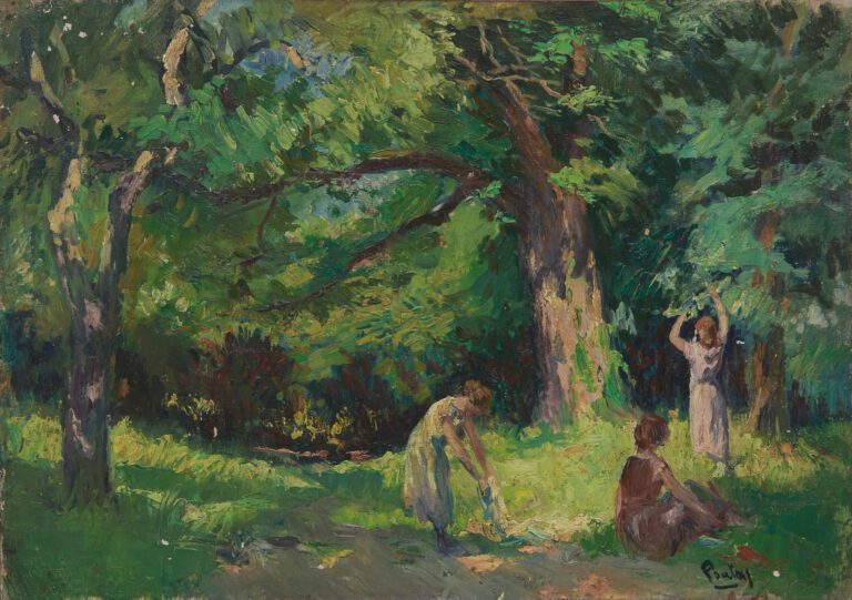 Henri PONTOY (1888-1968). - Jeunes femmes en forêt - Huile sur carton toilé, si…