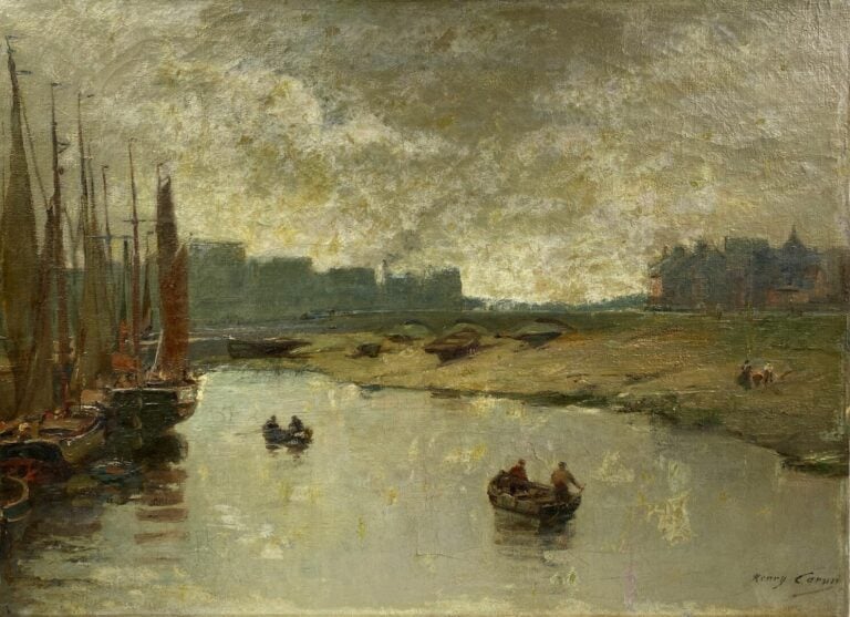 Henry CARON (1860 - 1941) - Barques et voiliers à marée basse - Huile sur toile…