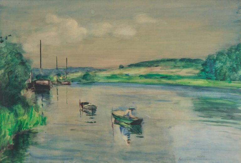 Henry OTTMAN (1877-1927). - Pêcheur de rivière - Aquarelle sur papier, signée e…