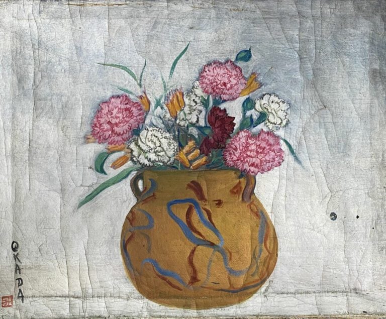 Huile sur toile "Oeillets dans un vase" signée en bas à gauche OKADA .32 x 39 c…