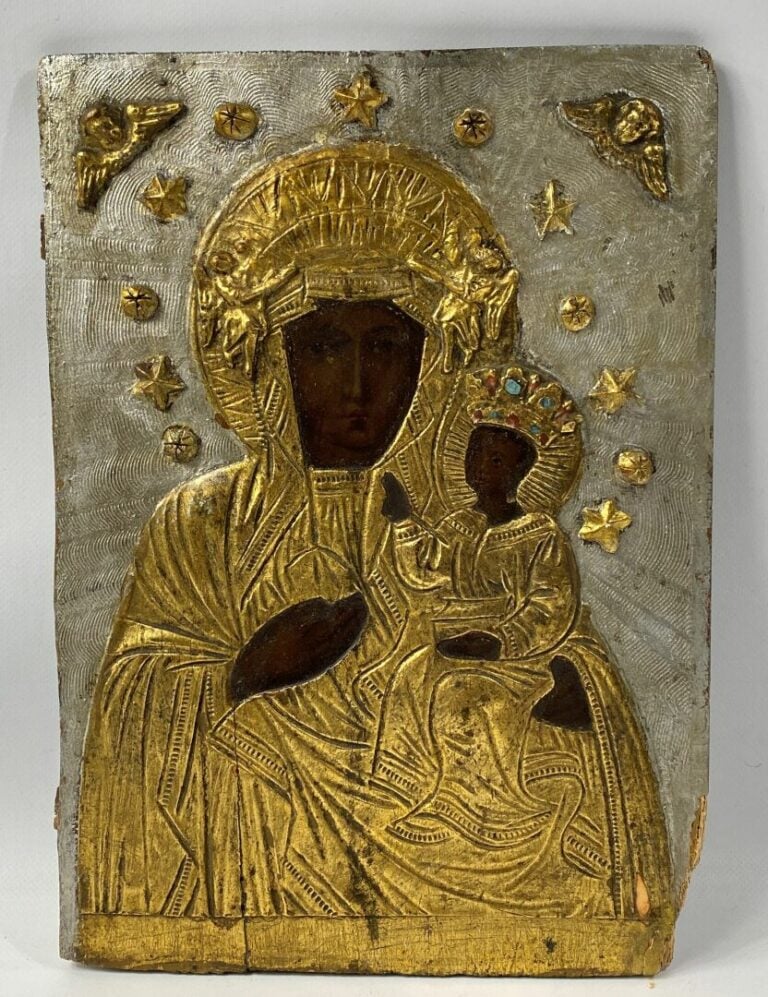 Icône sur panneau de bois - Vierge à l'enfant sur fond argenté à motif ondé et…