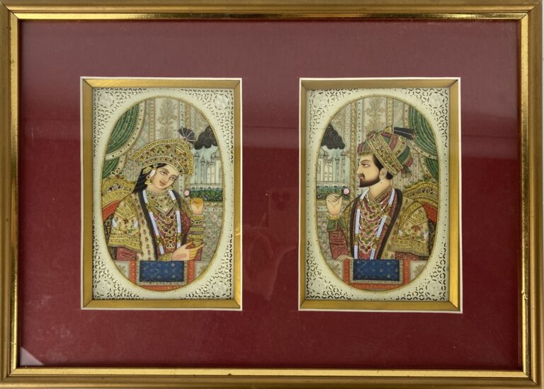 IRAN - Deux miniatures rectangulaires sur ivoirine figurant un couple, encadrée…