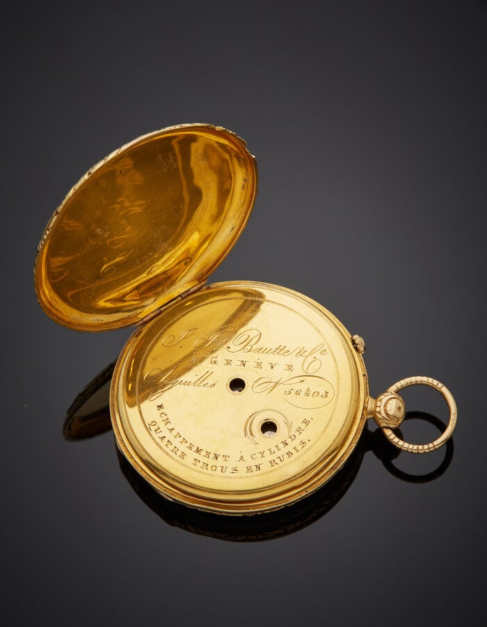 J. F. BAUTTE & Cie - MONTRE de POCHE en or jaune (750‰) entièrement ciselé de v…
