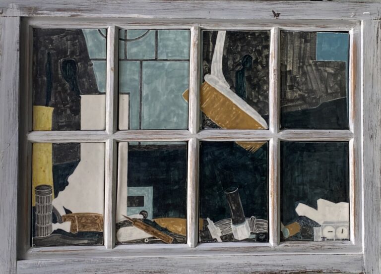 Jackie LYND - Nature-morte à la fenêtre - Composition aux 8 carreaux de céramiq…