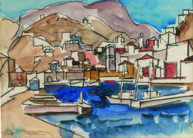 Jacques DESPIERRE (1912-1995) - Le port en Grèce Fusain et aquarelle sur papier…