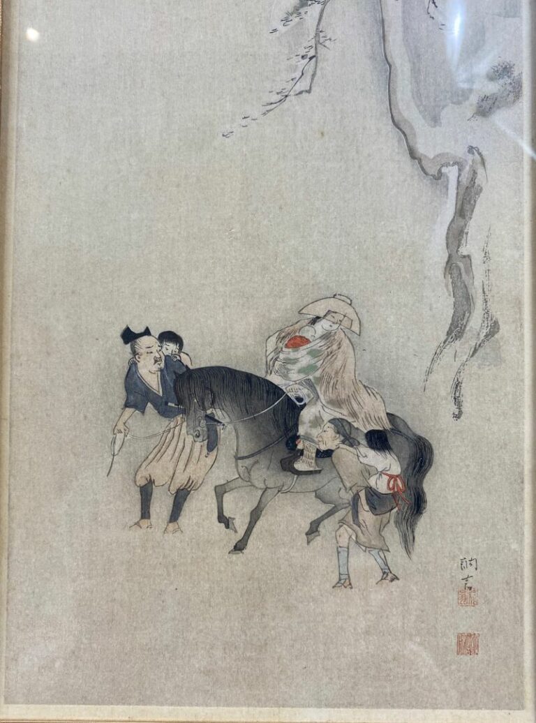 Japon - Ensemble de trois estampes à décor de geisha à cheval semblant fuir et…
