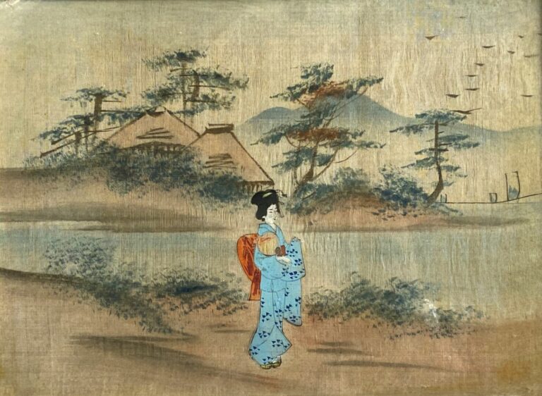 JAPON - Geisha se promenant le long de la rivière - Peinture sur tissu - 22 x 3…