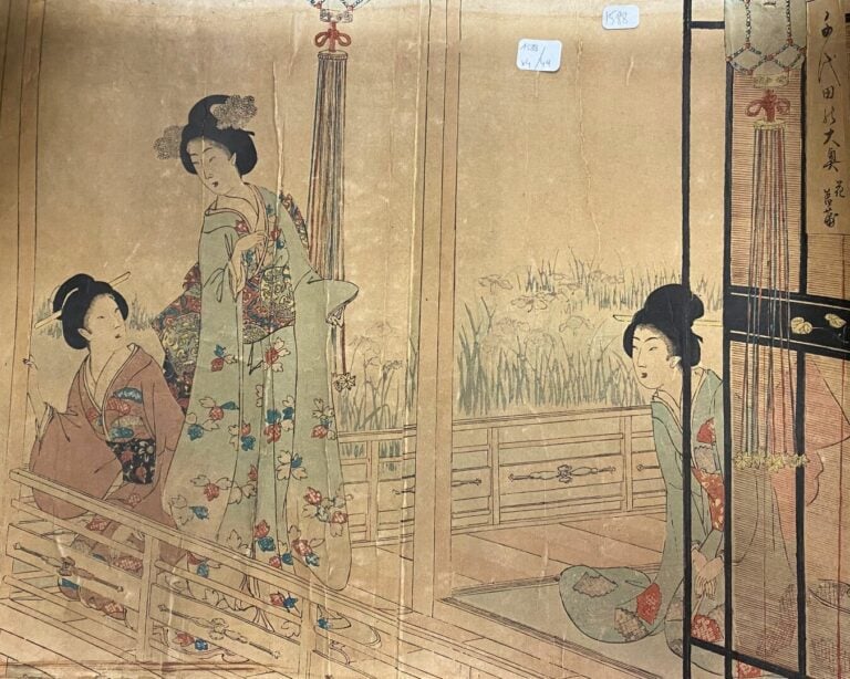 JAPON - Lot de quatre impressions et estampe marouflée sur tissu représentant d…