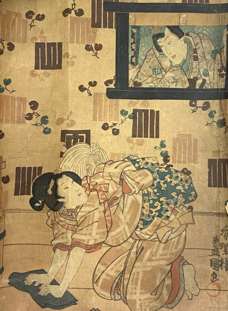 JAPON - Lot de quatre impressions et estampe marouflée sur tissu représentant d…