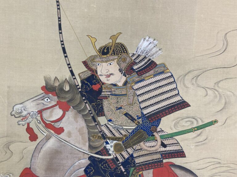 JAPON - Samouraï à cheval - Gouache sur tissu (?) - Signé en bas à droite - H :…