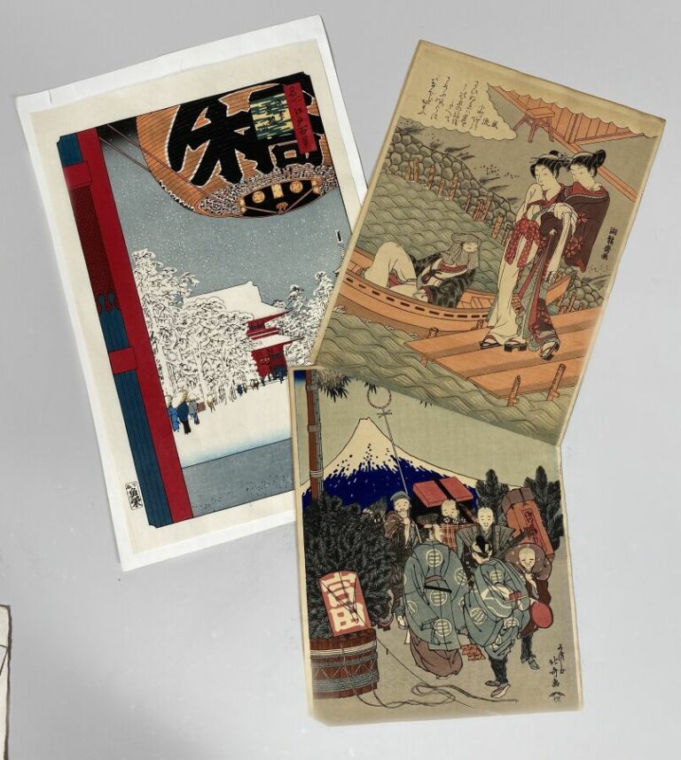 JAPON XXème - Lot de trois estampes japonaises sur papier , deux représentant d…