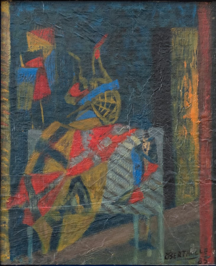 Jean BERTHOLLE (1909-1996) - Attributs de chevallerie, 1985 - Huile sur carton,…