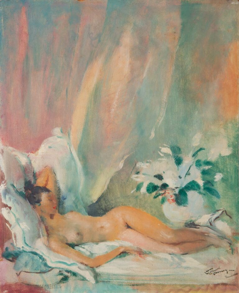 Jean-Gabriel DOMERGUE (1889-1962). - Nu allongé au vase de fleurs - Huile sur i…