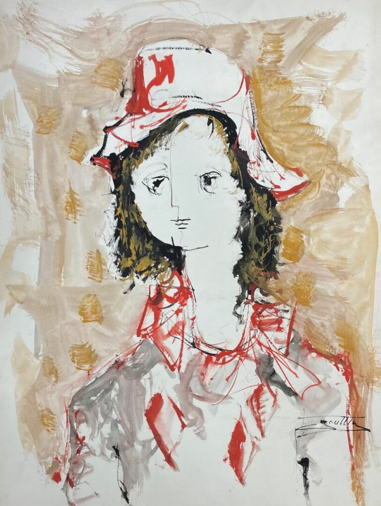 Jean-Marie GOUTTIN (1922-1987) - Portrait de femme au chapeau - Aquarelle sur p…