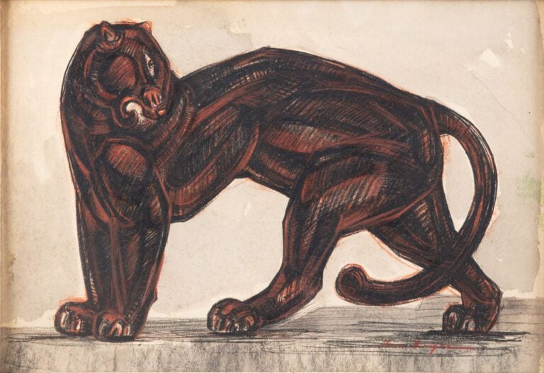 Jean ROYER (XXème siècle). - Panthère allongée - Technique mixte sur papier, si…