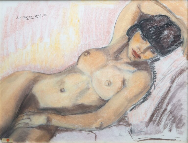 [/] Jeanie NGUYEN TAT DU (Vietnam et France, 1944-) - Femme alanguie - Pastel s…