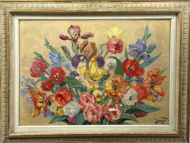 Jeanne JANOGE - Bouquets de fleurs - Deux huiles sur toile, signées en bas à ga…