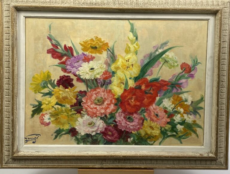 Jeanne JANOGE - Bouquets de fleurs - Deux huiles sur toile, signées en bas à ga…