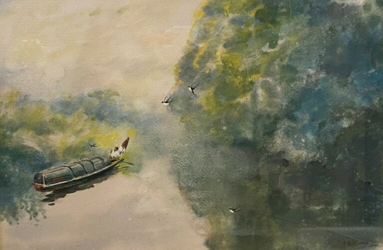 Ji YANG (XXe siècle) - Paysage à la barque - Crayon et aquarelle - Signé en bas…