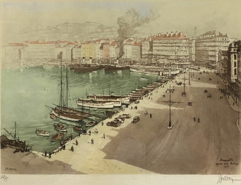 Joanny DREVET (1889-1969) - Marseille, quai des Belges 1937 - Estampe en couleu…