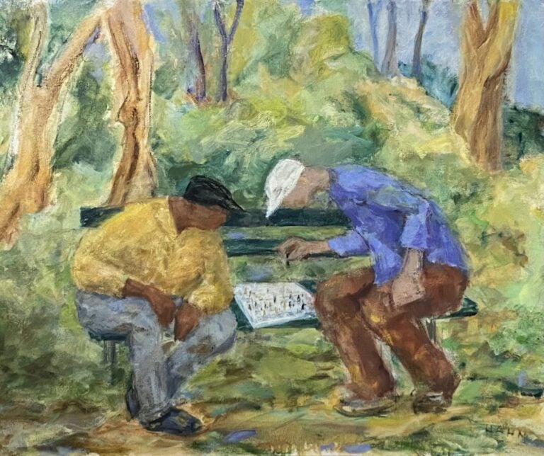 Joueurs d'échecs - Huile sur toile, signée en bas à droite - 65 x 81 cm