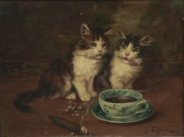 Jules LEROY (1833-1865). - Chatons à la tasse de chocolat - Huile sur panneau,…