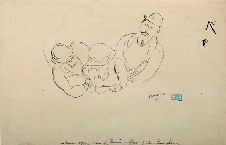 JULES PASCIN (1885-1930) - Deux hommes, une femme, Paris, 1922 - Encre sur papi…