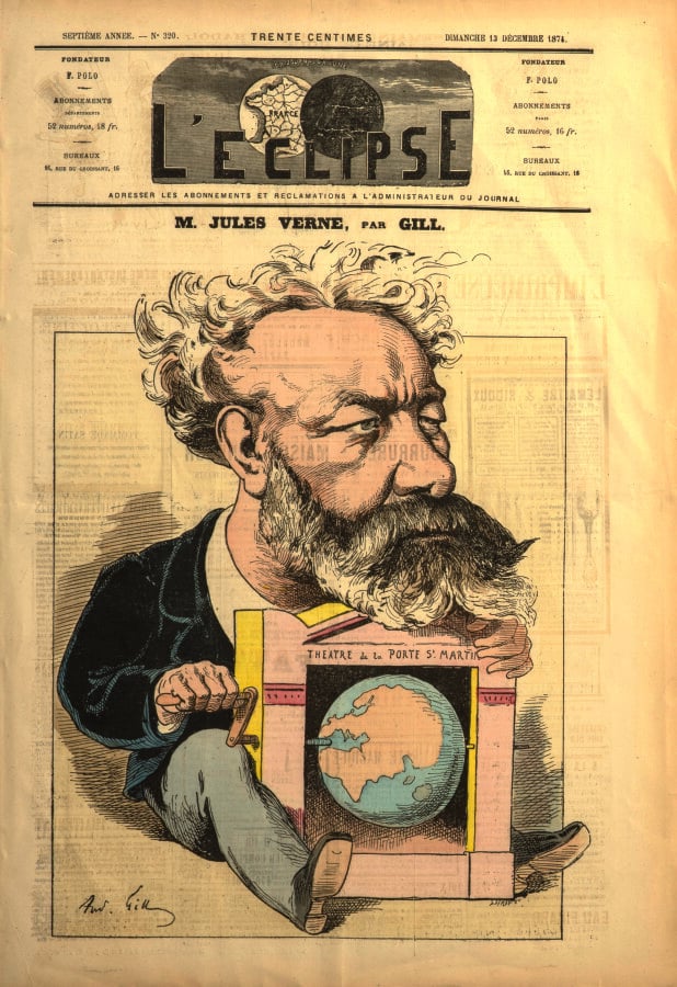 Jules Verne par Gill. Caricature parue en couverture du journal satirique L'Ecl…