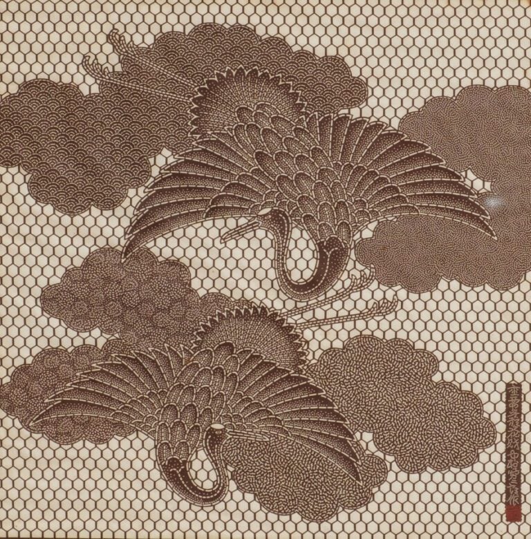 Katagami encadré représentant 2 oiseaux grues "tsuru" par Nakamura Yujiro (1902…