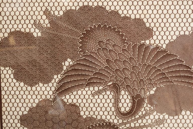 Katagami encadré représentant 2 oiseaux grues "tsuru" par Nakamura Yujiro (1902…