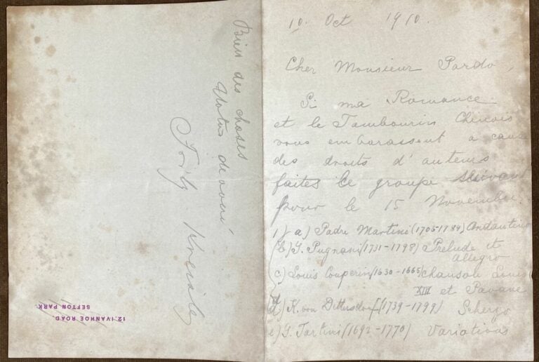 Kreisler, Fritz L.a.s. - Lettre de 1910 adressée à monsieur Pardo.