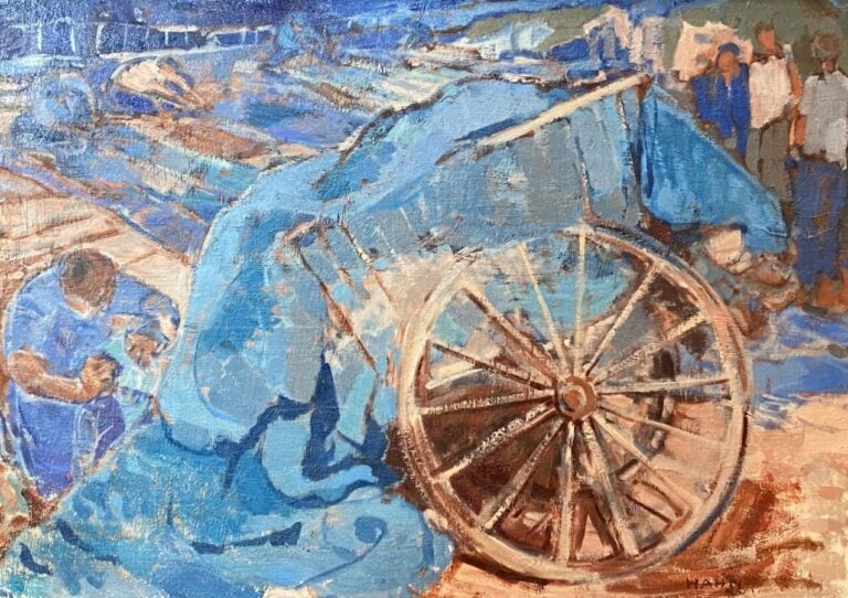 La charrette - Huile sur toile, signée en bas à droite, contresignée et titrée…