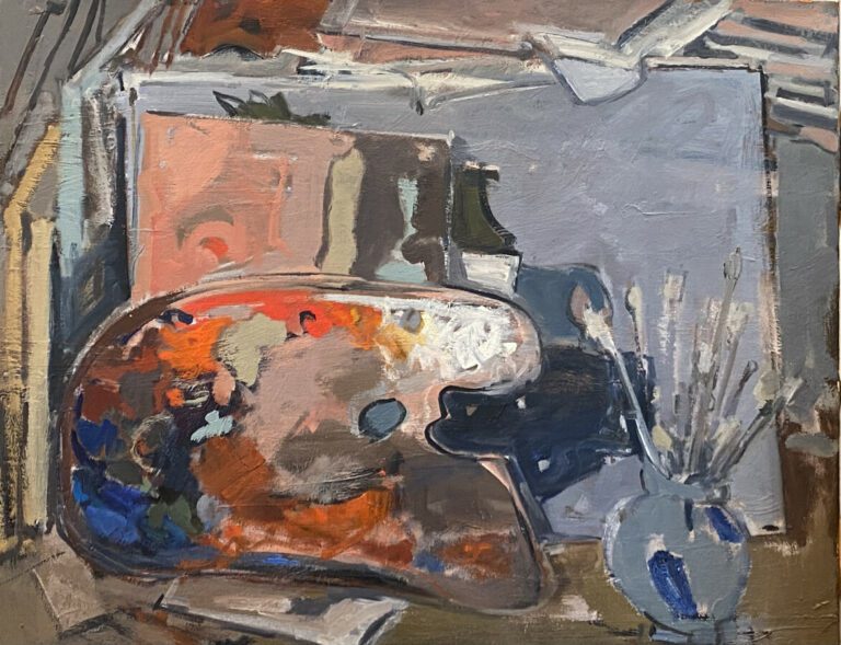 La palette et les pinceaux - Huile sur toile, - 65 x 81 cm