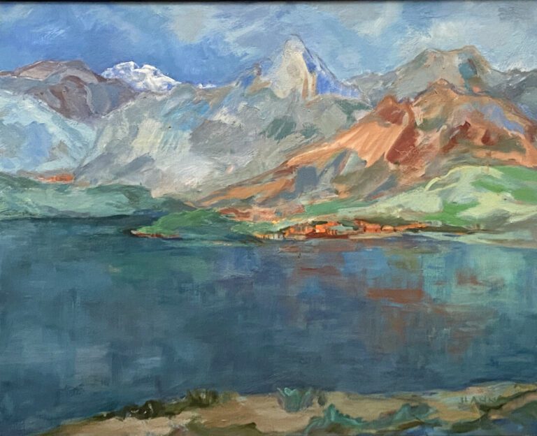 Lac de montagne - Huile sur toile, signée en bas à droite, titrée au dos - 65 x…