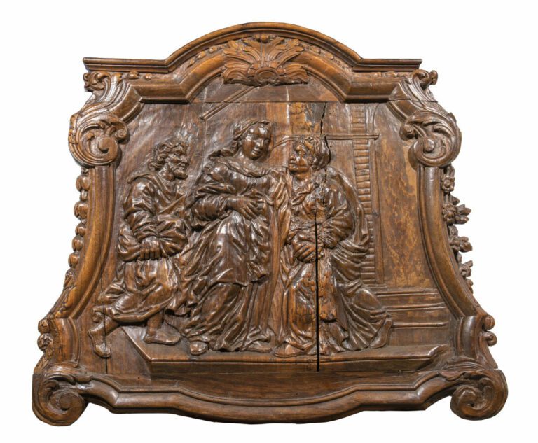 "L'Annonciation" et" la Visitation" - Paire de bas-reliefs en bois sculpté en p…