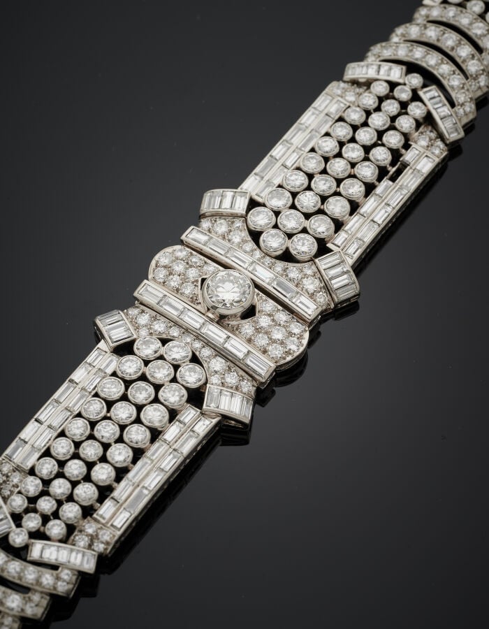 Large BRACELET « manchette » géométrique en platine (950‰) et or gris (750‰) aj…