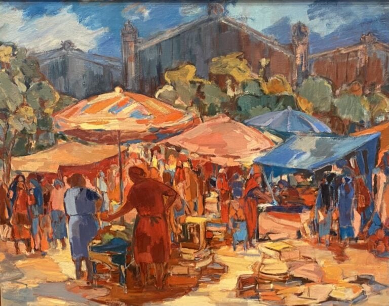 Le marché - Huile sur toile signée en bas à droite - 73 x 92 cm