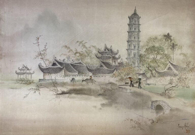 Le Ngoc HIÊU (XXe siècle). - Jeunes femmes porteuses d'eau près d'un temple. -…