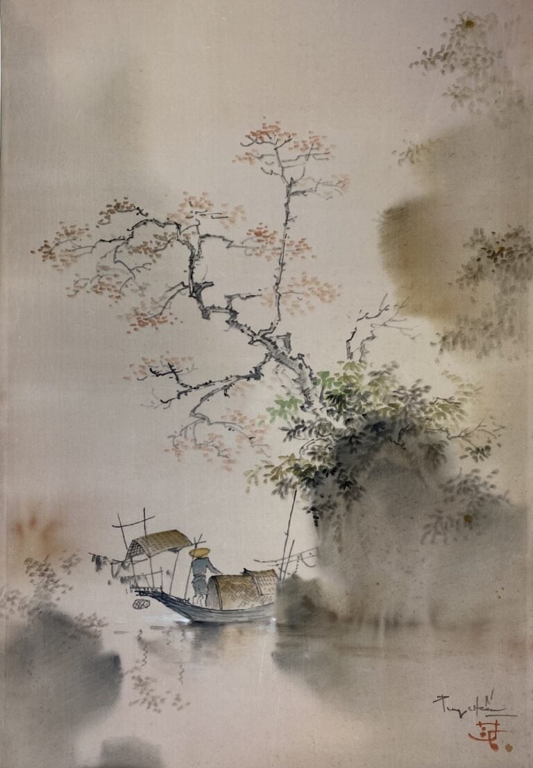 Le Ngoc HIÊU (XXe siècle). - Pêcheurs - Ensemble de deux (2) peintures sur soie…