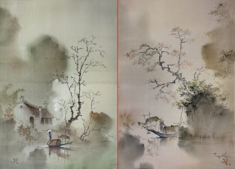 Le Ngoc HIÊU (XXe siècle). - Pêcheurs - Ensemble de deux (2) peintures sur soie…