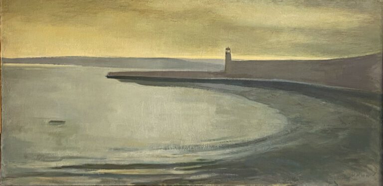 Le phare au bord de la mer - Huile sur toile, signée en bas à droite - 50 x 100…