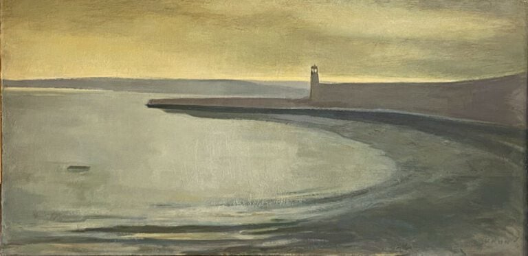 Le phare au bord de la mer - Huile sur toile, signée en bas à droite - 50 x 100…